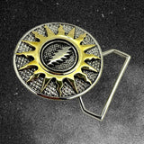 Belt buckle with sun design and logo on a black background