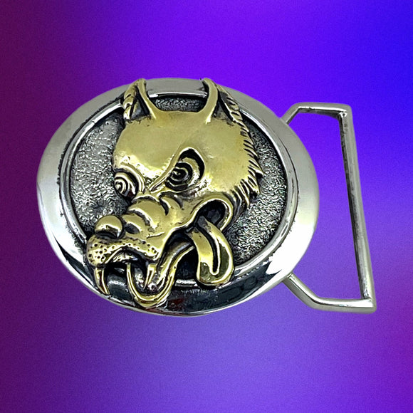 Belt buckle with wolf design on a purple gradient background