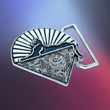 Decorative belt buckle with intricate patterns on a gradient background