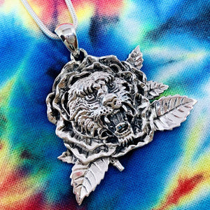 Tiger Rose Pendant Cast In Sterling Silver on Chain