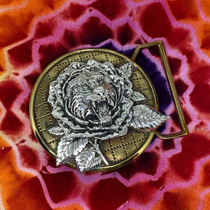 Tiger Rose Inspired Belt Buckle Cast in Yellow Brass and Sterling Silver