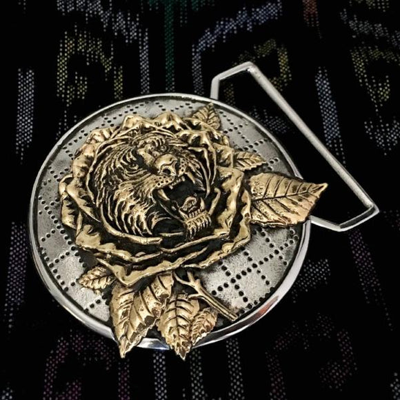 Tiger Rose Inspired Belt Buckle Cast in White and Yellow Brass